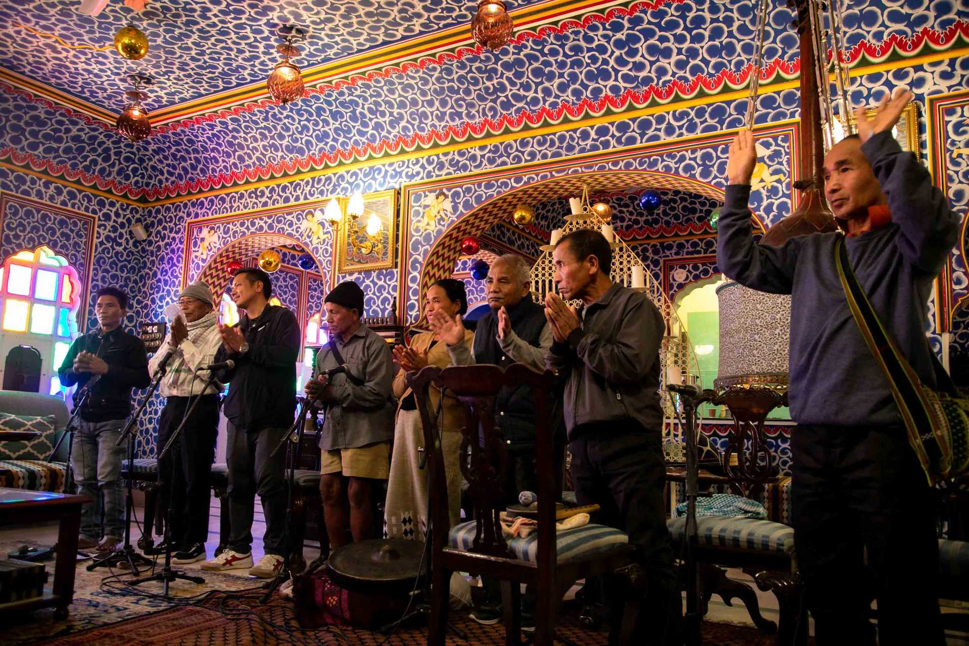 Biate tribe folk musicians rehearse during the Fieldlines residency at Magnetic Fields - Image - Sachin Soni